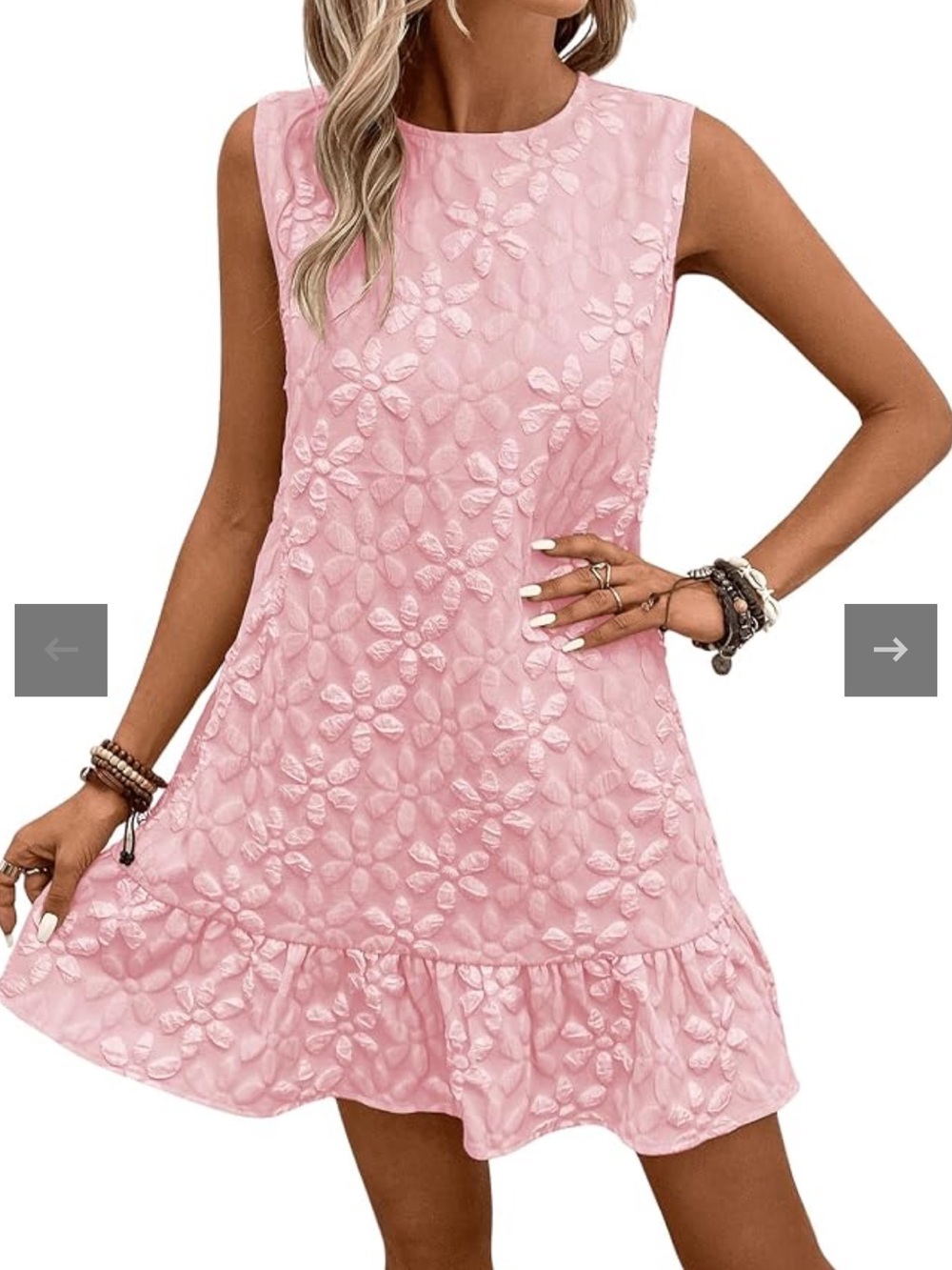 SOLY HUX Women's Ruffle Pink Sleeveless Dress Round Neck Casual Jacquard Hem SzM